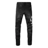 Estilo Denim Amirres Jeans lavados Calças de Designer Homem Preto 23SS High Street Buraco Cabeça Retrato Bordado Slim Jeans Marca de Moda Masculina Pés Bonitos 5U04