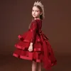 Meisjesjurken Europese meisjestrouwjurk met lange mouwen Rode en groene kleur Bloem Kinderen Prinses Jurken Tule Pluizige rokken Van 2 tot 7 jaar