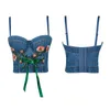 Women's Tanks Women Retro Washed Denim Bustier Bra Ribbon Bow Embroidery Floral Camisole Vest Sexy Spaghetti Strap Corset Crop Tops