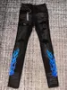 Men's Jeans Men Side Blue Embroidery Flame Distressed Skinny Black JeansMen's