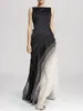Spódnice sukienka lady szykowna bez rękawów plisowana długa elegancka wysoka talia wieczór maxi kobiety mody gradient patchwork czarny 230224