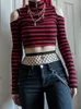 Women's Two Piece Pants Punk Y2k Red Stripe T Shirt Women Zipper Sexy Off Shoulder Bodycon Tshirt 2000S Gothic Mall Knitted Crop Top Fairy Alt Clothes 230224