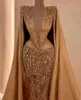 Gold Evening Dresses Sleeveless V Neck Lace Capes Satin Beaded Appliques Sequins Feather Floor Length Celebrity Formal Prom Dresses Plus Size Gowns Party Dress