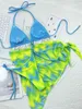 Traje de baño para mujer Tie Dye Halter Ruffled Bikini Mujer Micro traje de baño Traje de baño para mujer Conjunto de bikini de 3 piezas con Sarong Bañista Traje de baño Swim 230224