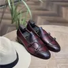 Dress Shoes Men Monk Loafers Leather Shiny Round Toe Low Heel Double Buckle Slipon Business Casual Classic Comfortable 230224