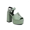 Sandals Metal Zipper Embellished Super High Chunky Heel Square Toe Peep Waterproof Platform Ankle Belt Buckle