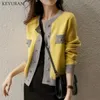 Women's Knits Tees Fashion Women's Knitted Cardigan Autumn Winter Color Matching Jacket Short Design Yellow Cashmere Cardigan Sweater Coat 230223