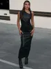 Casual Dresses 2023 Pu Leather Sleeveless Black Draped Zip Up Slit Elegant Sexig Slim Maxi Prom Dress Winter Women Y2k Streetwear Party