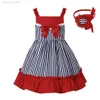 Abiti da ragazza Abiti eleganti da festa per bambini Abiti da principessa New Girl Summer Fancy Red Ruffled Striped Lace Designer 3 4 5 6 8 10 12Y W0224