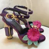 Sandalias de tacón alto para mujer con decoración de flores de verano, Sandalias de tacón grueso con tacón de cristal, zapatos de fiesta a la moda