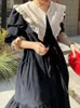 Casual Dresses Korean Chic Fashion Laceup Midi Dress Vintage Big Lapel Contrast Color Ruffle Trim Loose Hem Long Sleeve Spring 230224