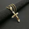 Chains Men's Fashion Titanium Steel Gold Plated Rhinestones Jesus Cross Pendant Necklace Catholic Religion Jewelry