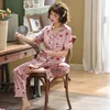 Vêtements de nuit pour femmes rose imprimé pyjamas ensemble à manches courtes chemise pantalon été sommeil costume décontracté pyjamas Satin soyeux 2 pièces