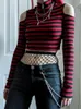 Women's Two Piece Pants Punk Y2k Red Stripe T Shirt Women Zipper Sexy Off Shoulder Bodycon Tshirt 2000S Gothic Mall Knitted Crop Top Fairy Alt Clothes 230224