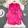 Casual Dresses Clothland Women Vintage Wrap Dress Cross V Neck Long Sleeve A Line Candy Color Female Chic Mini Vestido QB470