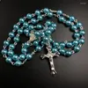 Chains 8 Colors 8mm Long Glass Imitation Pearl Bead Rosaries Necklace Silver Drop Cross Virgin Mary Center Rosary Jesus Pendants