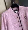 Runway Designer Pink Knitwear With Brosch Solid Two and a Half O-Neck Women's Elegant Sticked Wool Long Sleeve Short Coat