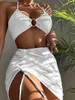 Thong Swimsuit Sexy Bikini Textured Ring Linked Halter Micro Ribbed 2022 High Waist With Beach 3 Pieces Mesh Skirt