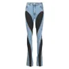 Kvinnors mode jeans smala dekonstruera panelerade lapptäcken hög midja split blå långa denim byxor hösten