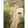 Casual Dresses Women's Floral Print Long Dress Spring Summer 3/4 Sleeve Square Collar High Split Yellow For Women Vestidos Q09