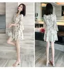 Casual Dresses Dress for Women Mini V-hals Floral Chiffon High midje Flare Sleeve Kvinnlig kvinnor Formell vit elegant