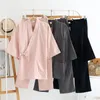 Vêtements de nuit pour femmes à la japonais kimono coton pyjamas en v col pijamas femmes 2 pièces set tops de somnifère à double couche