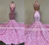 2023 Pink Long Prom -jurken Mermaid zwarte meisjes pailletten sexy backless halter 3d bloemen Afrikaanse vrouwen formeel avondfeest BC15100 J0224