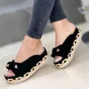 Slippers dames bowknot slippers gevlochten riemen buiten dikke bodem sandalen casual open teen platte schoenen vrouwelijke stro geweven zachte slippers 230224