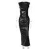 Casual Dresses 2023 Pu Leather Sleeveless Black Draped Zip Up Slit Elegant Sexig Slim Maxi Prom Dress Winter Women Y2k Streetwear Party