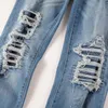 Pants style Designer Denim Man high street Amirres light blue Jeans wash water knife cut large damage patch slimming elastic jeans men's fashion brand Y56S