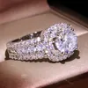 Anéis de casamento redondos simulados anéis de diamante moda pedra preciosa anel de noivado de prata para mulheres joias