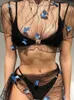 Damen-Badebekleidung, modische Damen-Bikinis, Vertuschungen, durchsichtiges Netz, kurzärmelige T-Shirts, Miniröcke, 3D-Schmetterlings-Patchwork, 2 Stück