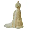 Vintage Victoriaanse drukte trouwjurk kanten plooien ruches lange gotische bruidsjurken licht champagne vierkante nek middeleeuwse jurken voor vrouwen