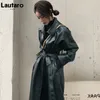 Womens Jackets Lautaro Autumn Long Black Cool PU Leather Trench Coat for Women Belt Single Breasted Loose Korean Fashion Wholesale Clothes 230224