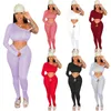 مسارات النساء للنساء قمم محصول صلبة خارج الكتف الجرس القاع النحيف الركض Sweatpant بدلة من قطعتين مجموعة رياضية مطابقة الزي dropwomen