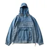 Herrjackor Autumn Japanese Style Hooded Pullover Denim Plaid Jacket Fashion Pure Cotton Washed Old Par Loose Casual Coatmen ''