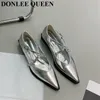 Kleding schoenen puntige teen dames flats 2023 veer lage hakken pompen pompen mode goud sliver feestgordel kruisband mary jane mujer 230224