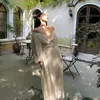 Casual Kleider Vintage Koreanische V-ausschnitt Plissee Maxi Kleider für Frauen Damen Party Fransen Spitze Puff Sleeve Rüschen Dame Kleider Elegante sommer 230223