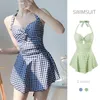 Women's Swimwear Sweet Cute 2023 Women Hanging Neck Plaid One-piece Beach Dress With Skirt Swimsuit High Waist Bathing Suit For Girls