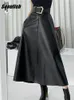 スカートSeoulish Classic Black Faux PUレザーロングとベルト付きハイウエスト傘の女性女性秋冬230224