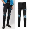 الأسود النحيف الملاءمة Motocycle Denim Jeans Mens التفاصيل المتعثرة