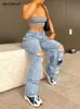 Women's Jean Ripped Boyfriends High Waist Baggy Denim Pants Wide Leg Straight Trousers Y2k Streetwear Vintage Loose Casual 230224