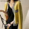 Women's Knits Tees Fashion Women's Knitted Cardigan Autumn Winter Color Matching Jacket Short Design Yellow Cashmere Cardigan Sweater Coat 230223