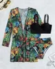 Womens Swimwear Tropical Print High Waist Bikini Sets Push Up Swimsuit for Women Sexy Threepieces Kimono Beach Bathing Suits