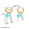 Pendientes de aro con cuentas azules para mujer, colgante de acero inoxidable con perlas blancas, círculo dorado, joyería bohemia para fiesta, regalos