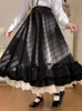 Skirts Japanese Solid Color Double Layer Vintage French Ruffled Aline Hepburn Style Black Half Female Long 230224