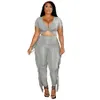 2023 Designer Sommer Outfits Frauen Trainingsanzüge Zweiteiler Kurzarm V-Ausschnitt Criss-Cross Crop Top und Quasten Hosen Sweatsuits Lässige Sportanzüge 9341