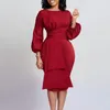 Casual Kleider Puff Sleeve Midi Kleid Frauen Rüschen Rundhals Formale Party Cocktail Bleistift Kleid mit Schleife Gürtel Vestidos 230223