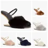 23S Luxury Brand First Women Sandals Shoes Fur Strap Gold-colored F-shaped Sculpted Heels Lady Wedge & Mules Sexy Peep Toe Slippers Shoe EU35-43