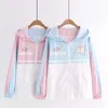 Women's Jackets Women Cartoon Print Cute Basic Hooded Jacket Girls Autumn Winter Long Sleeve Patchwork Casual Zippers Outerwear Coats Pink